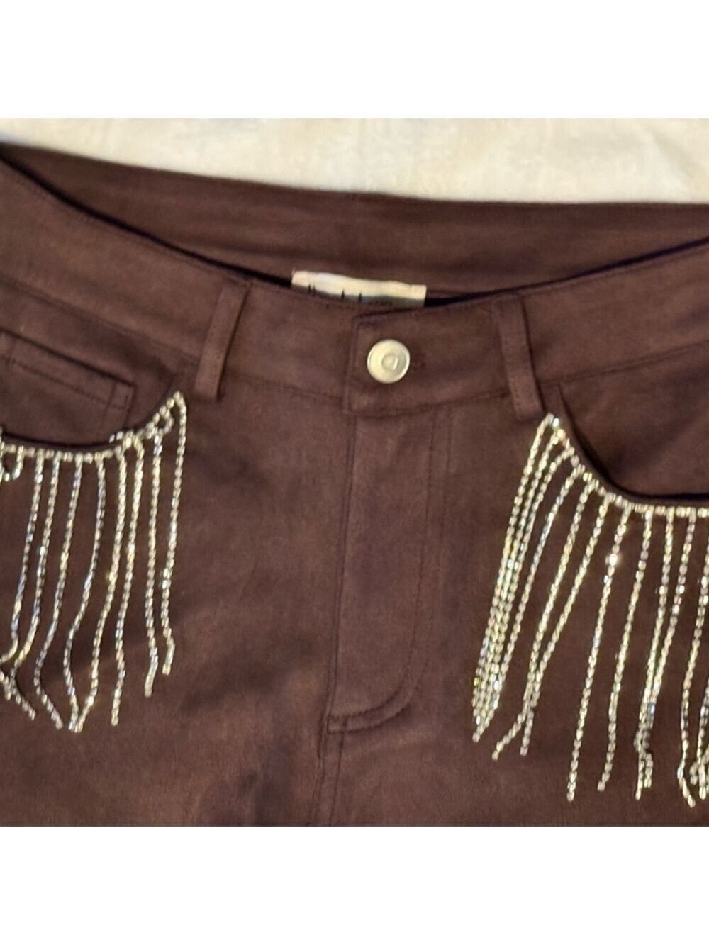 Peach Love Brown Rhinestone Fringe Shorts Small - Picture 3 of 11